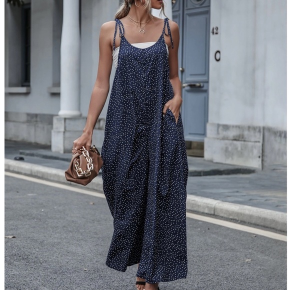 Rouge! Pants - Tie Shoulder Polka Dot Navy Blue Wide Loose Fitting Jumpsuit